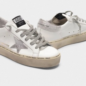 Women's Golden Goose Hi Star Shoes With Star And Heel Tab In Metallic Silver
