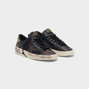 Men/Women Golden Goose Stardan Shoes Black Gold Leather With Mesh Inserts