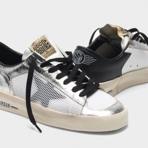 Women's Golden Goose Stardan Shoes In Laminated Silver With Floral Design Relief