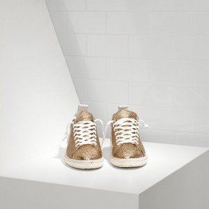 Men/Women Golden Goose Starter Shoes Leather Coated Gold Glitter White