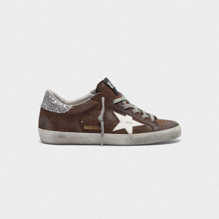 Men/Women Golden Goose Suede Superstar Shoes With Glittery In Brown