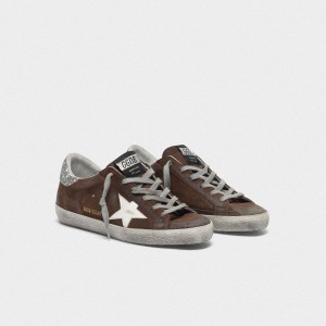 Men/Women Golden Goose Suede Superstar Shoes With Glittery In Brown