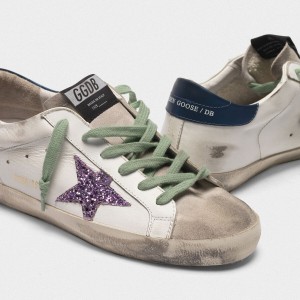 Men/Women Golden Goose Superstar Shoes In Leather With Glittery Star Blue