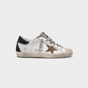 Women's Golden Goose Superstar Shoes With Gold Star And Glittery Black