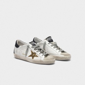 Women's Golden Goose Superstar Shoes With Gold Star And Glittery Black