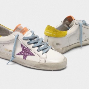 Women's Golden Goose Superstar Shoes With Pink Glittery Star And Yellow